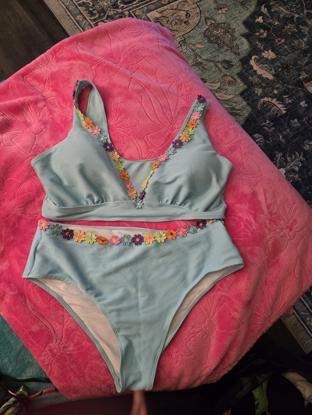 Girls Light Blue Floral-Trim High Waisted One-Piece Swimsuit